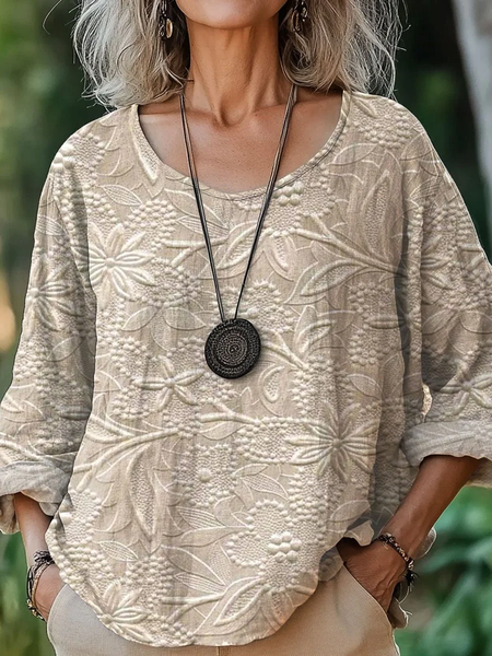 

Women Floral Three Quarter Sleeve Tee T-shirt Crew Neck Printing Casual Spring/Fall Top, Khaki, T-Shirts