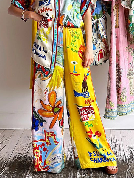 

Vacation Tropical Printing Wide Leg Pants, As picture, Pants