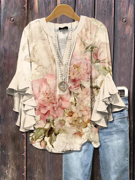 

V Neck Half Sleeve Floral Printing Regular Loose Shirt For Women, Apricot, Blouses