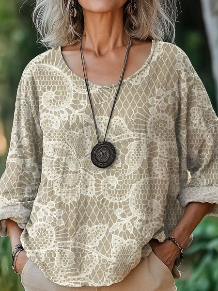 

Women Floral Three Quarter Sleeve Tee T-shirt Crew Neck Printing Casual Spring/Fall Top, Khaki, T-Shirts