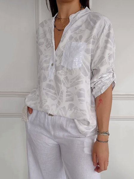 

Shirt Collar Long Sleeve Floral Regular Micro-Elasticity Regular Fit Shirt For Women, White, Shirts