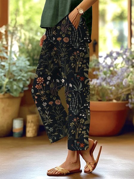 

Women Floral Long Pants Casual Spring/Fall Trousers, Black, Pants