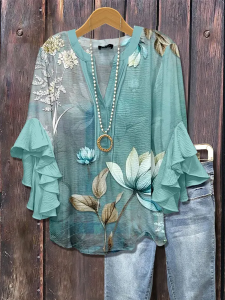 

Women Floral Half Sleeve Shirt Summer Printing V Neck Daily Casual Top, Cyan, Shirts