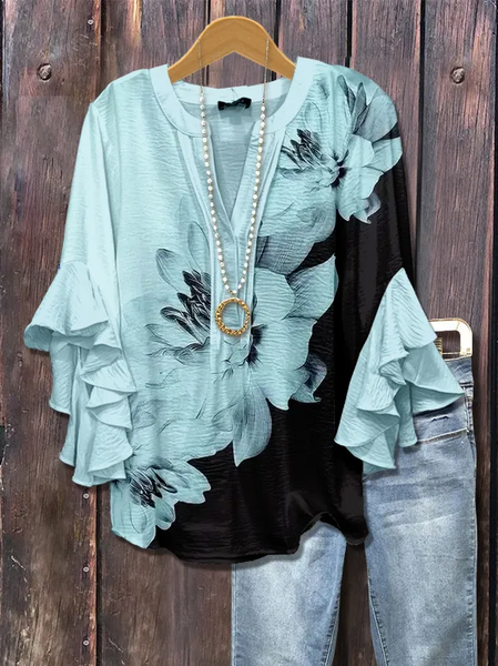 

Women Floral Half Sleeve Shirt Summer Printing V Neck Daily Casual Top, Cyan, Shirts