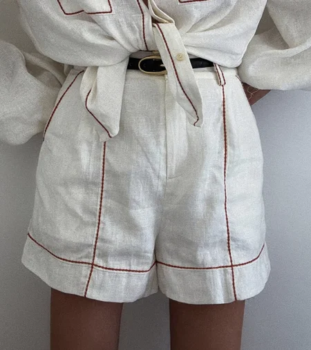 

Cotton And Linen Casual Color Block Shorts, White, Shorts