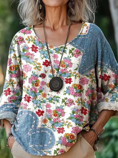 

Women Floral Three Quarter Sleeve Tee T-shirt Crew Neck Printing Casual Spring/Fall Top, As picture, T-Shirts