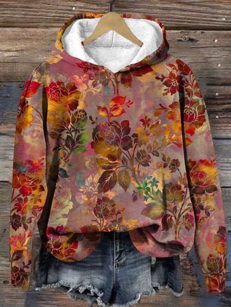 

Women's Floral Spring/Fall Long Sleeve Casual Daily Hoodie, Orange, Sweatshirts & Hoodies
