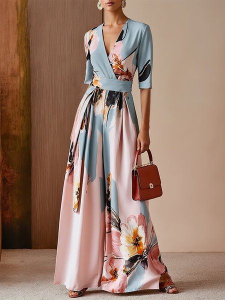 

Elegant Printing Floral V Neck Jumpsuit, As picture, Jumpsuits