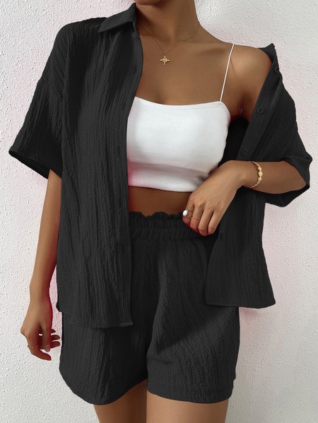 

Women Plain Adjustable Strap Two-Piece Set Daily Half Sleeve Casual Summer Top With Pants Matching Set, Black, Suit Set