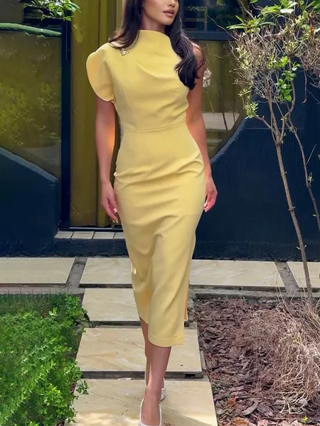 

Elegant Plain Asymmetric Midi Dress, Yellow, Midi Dresses
