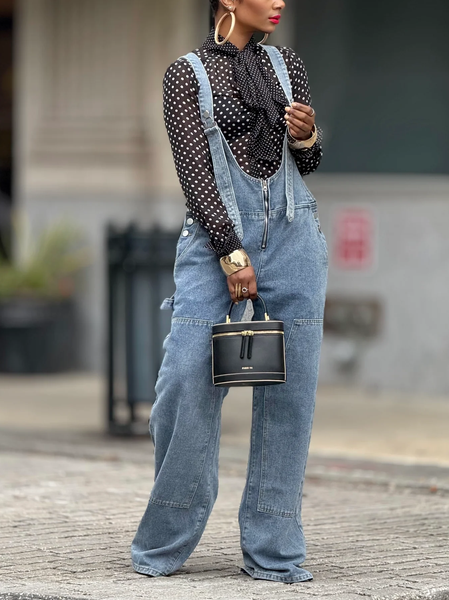 

Casual Plain Denim Bib Pants, Blue, Jumpsuits