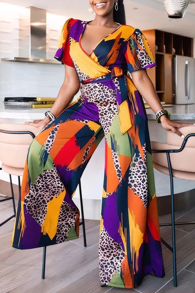 

Urban Printing Color Block Jumpsuit With Belt, As picture, Jumpsuits