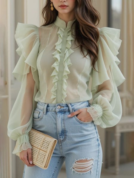 

Elegant Plain Peplum Stand Collar Blouse, Mint, Blouses and Shirts
