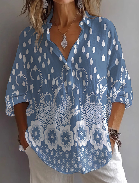 

Women Floral Long Sleeve Shirt Spring/Fall Shirt Collar Daily Casual Top, Blue, Shirts