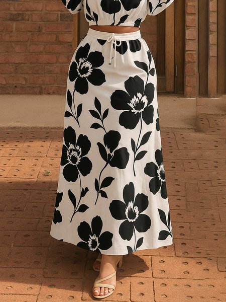 

Casual Printing Floral Maxi Skirt, Black-white, Skirts