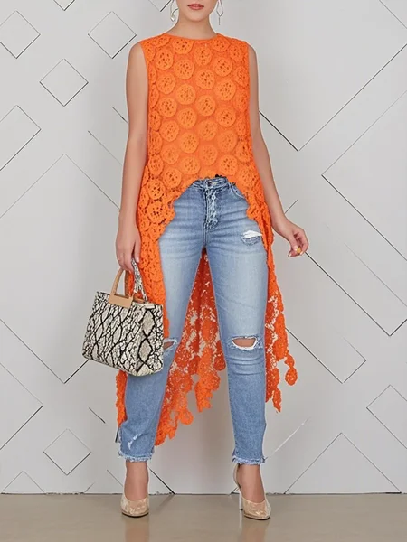 

Lace Urban Plain Irregular Craftsmanship Blouse, Orange, Blouses and Shirts