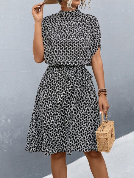 

Women Geometric Short Sleeve Summer Printing Dress Crew Neck Daily Vintage Midi Tunic A-Line Dress, Black, Dresses