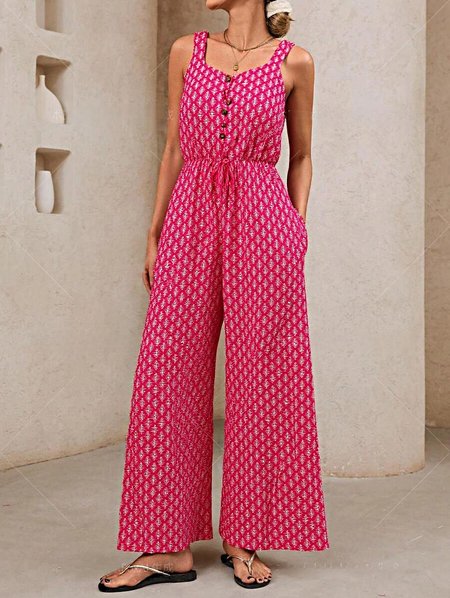

Women Geometric V Neck Sleeveless Casual Summer Jumpsuit, Deep pink, Jumpsuits＆Rompers
