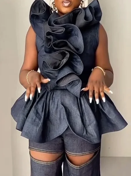 

Cotton Urban Plain Peplum Denim Top, Blue, Blouses and Shirts