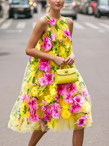 

Vacation Floral Printing Crew Neck Knee Length Dress, Yellow, Mini Dresses