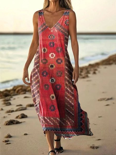 

Women Floral Summer Dress V Neck Sleeveless A-Line Dress, Red, Dresses