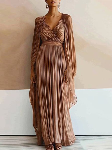 

Elegant Plain Flutter Sleeve Shirred Maxi Dress, Brown, Maxi Dresses