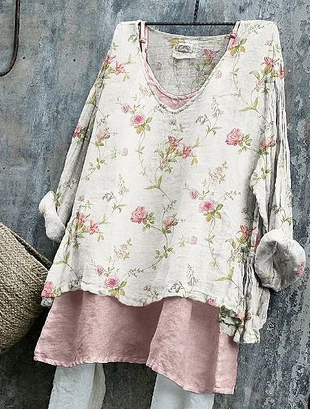 

Women Floral Long Sleeve Blouse Spring/Fall Printing V Neck Daily Casual Top, Apricot, Blouses