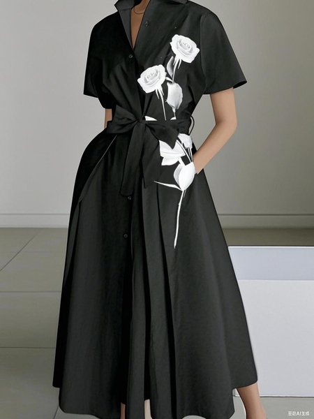 

Urban Floral Printing Shirt Collar Midi Dress With Belt, Black, Midi Dresses