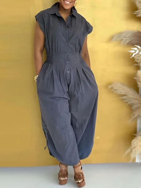 

Casual Plain Shawl Collar Pockets Jumpsuit, Black, Jumpsuits