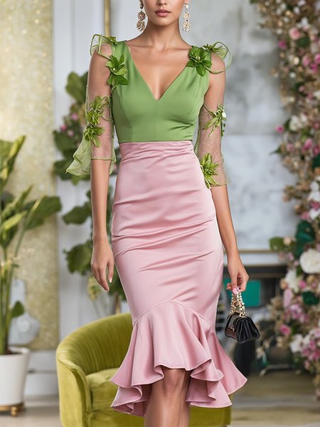 

Elegant Color Block Split Joint V Neck Knee Length Dress, As picture, Midi Dresses