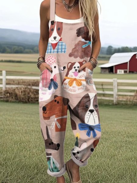 

Women Animal Square Neck Gallus Casual Summer Cotton And Linen Jumpsuit, Pink, Jumpsuits&Rompers