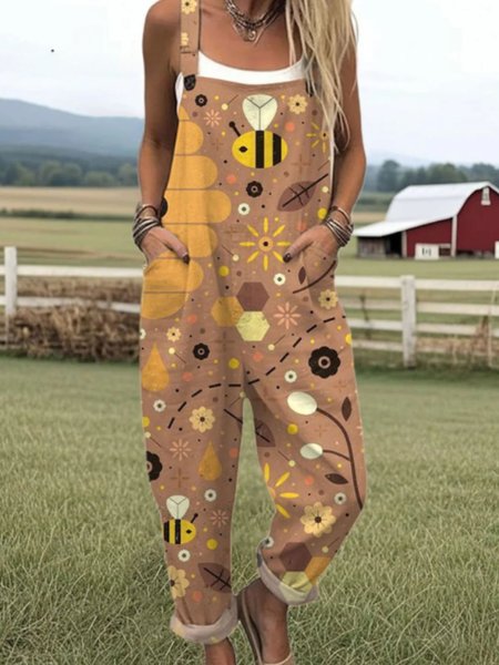 

Women Animal Square Neck Gallus Casual Summer Cotton And Linen Jumpsuit, Brown, Jumpsuits&Rompers