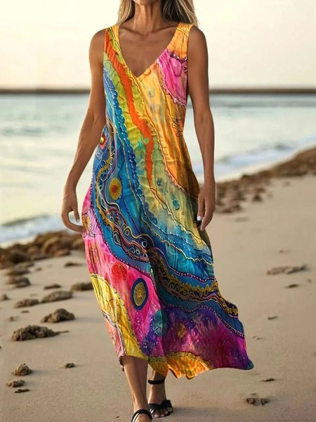 

Women Multicolor Block Summer Dress V Neck Sleeveless A-Line Dress, Red, Dresses