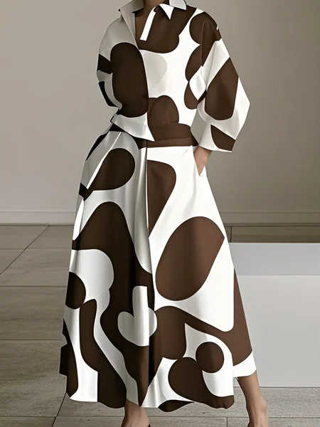 

Urban Color Block Printing Shirt Collar Midi Dress With Belt, As picture, Midi Dresses