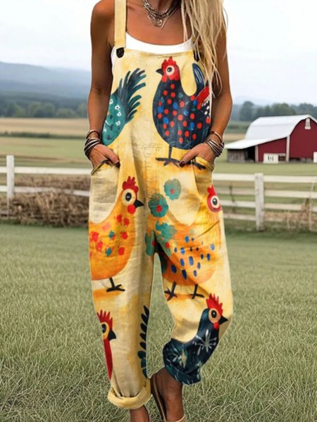 

Women Animal Square Neck Gallus Casual Summer Cotton And Linen Jumpsuits, Yellow, Jumpsuits&Rompers
