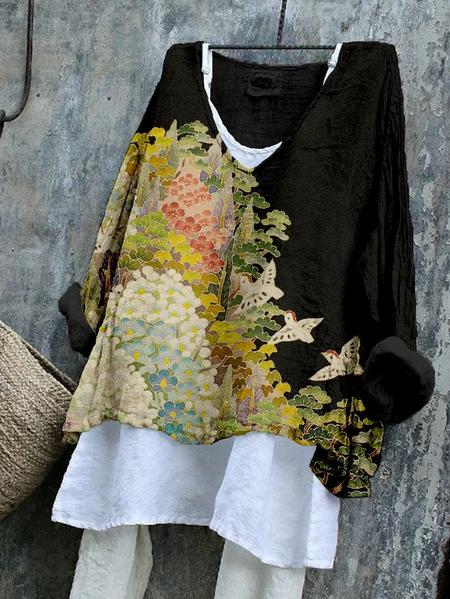 

Women Floral Long Sleeve Blouse Spring/Fall Printing V Neck Daily Casual Top, Black, Blouses