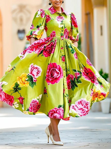 

Vacation Floral Puff Sleeve Printing Midi Dress, As picture, Midi Dresses