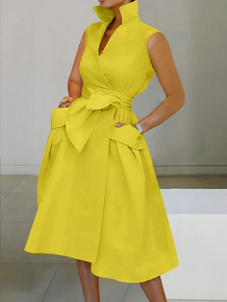 

Urban Plain Buttoned Knee Length Dress With Belt, Yellow, Midi Dresses