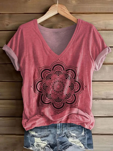 

Casual Ethnic Geometry V Neck Short Sleeve T-shirt, As picture, T-shirts