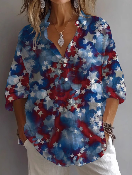 

Women Independence Day (Flag) Long Sleeve Shirt Spring/Fall Printing Shirt Collar Daily Casual Top, Blue, Shirts