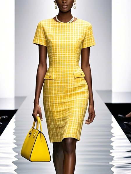 

Urban Plaid Printing Crew Neck Knee Length Dress, Yellow, Mini Dresses