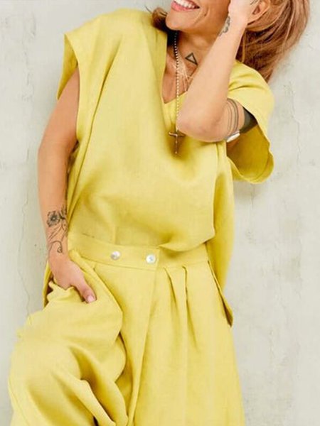 

Cotton And Linen Casual Plain V Neck Raglan Sleeves Blouse, Yellow, Blouses and Shirts