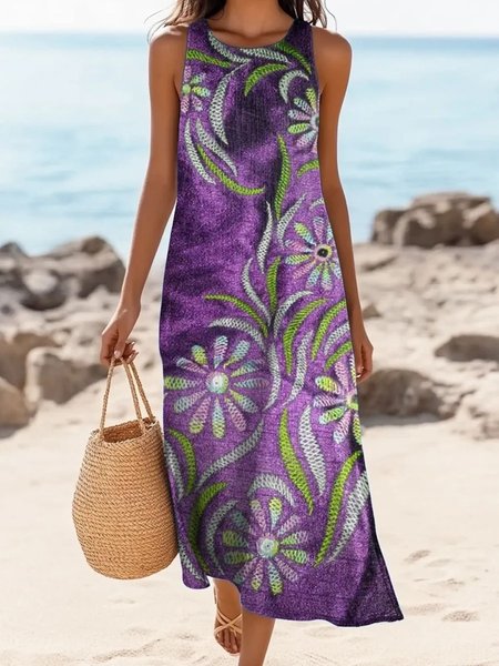 

Women Geometric Summer Dress Crew Neck Sleeveless A-Line Dress, Purple, Dresses
