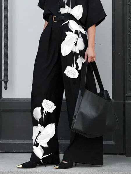 

Urban Floral Printing Wide Leg Pants No Belt, Black, Pants