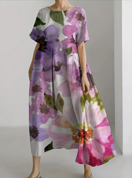 

Women Floral Summer Dress Crew Neck Short Sleeve A-Line Dress, Purple, Maxi