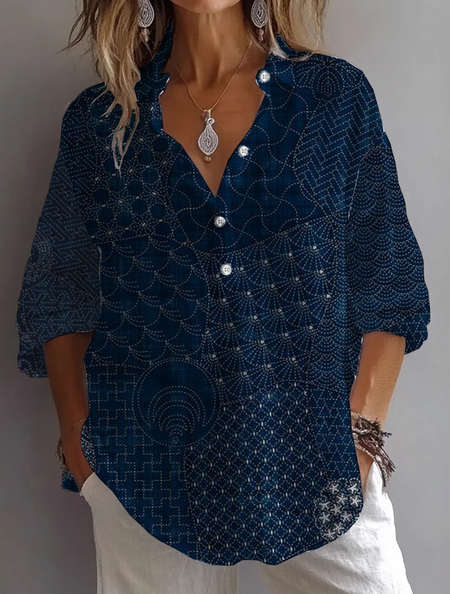 

Women Abstract Long Sleeve Shirt Spring/Fall Printing Shirt Collar Daily Casual Top, Purplish blue, Shirts