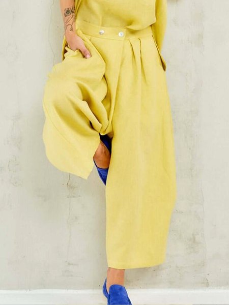

Cotton And Linen Casual Plain Wide leg Pants, Yellow, Pants