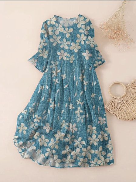 

Women Floral Spring/Fall Dress Crew Neck Three Quarter Sleeve A-Line Dress, Green, Maxi