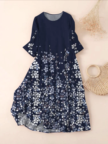 

Women Floral Spring/Fall Dress Crew Neck Long Sleeve A-Line Dress, Blue, Maxi