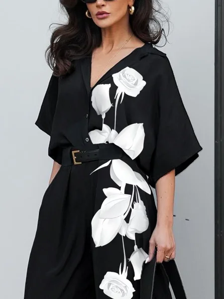 

Urban Floral Printing Shawl Collar Raglan Sleeves Shirt, Black, Blouses and Shirts